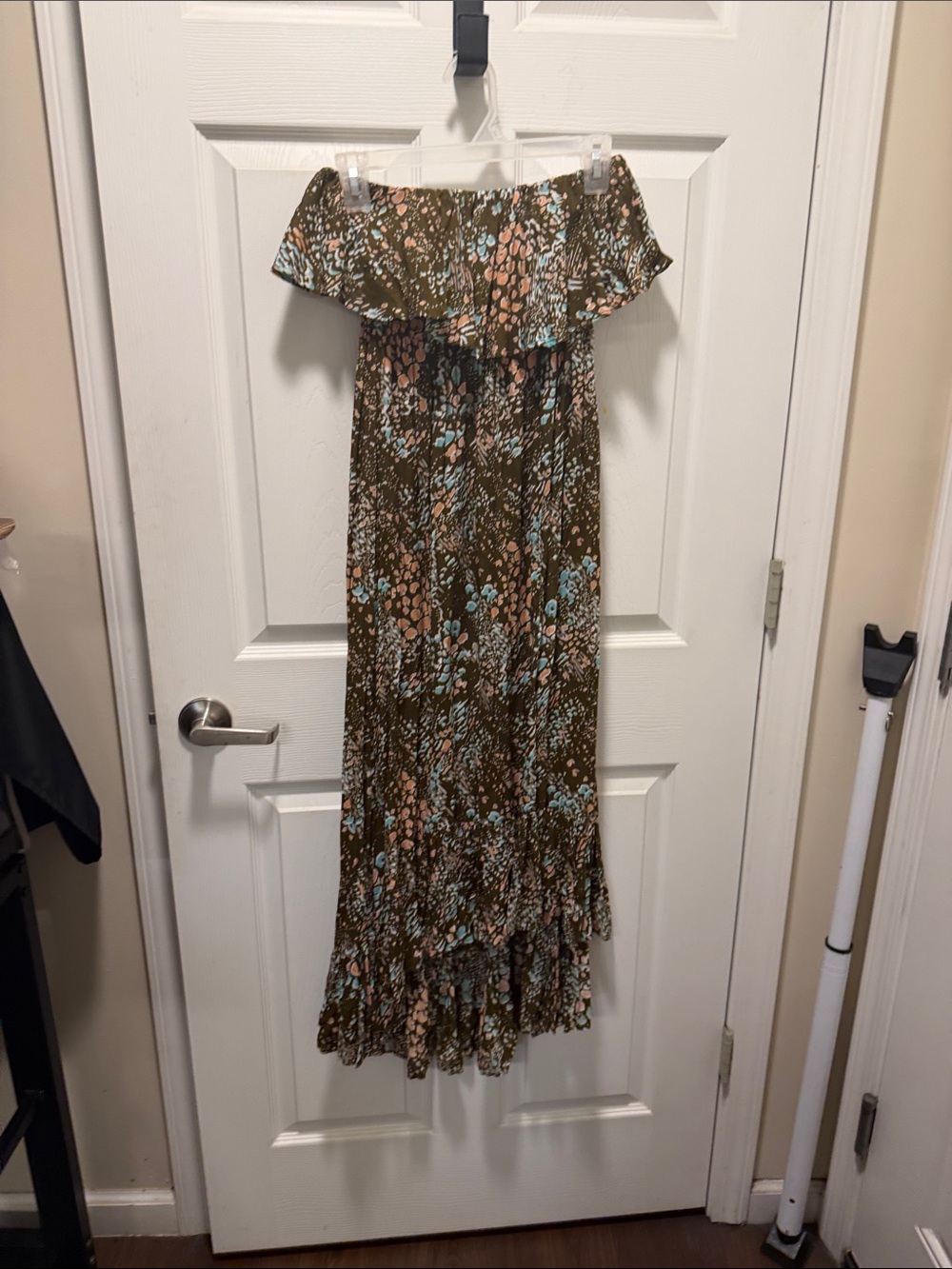 Strapless Floral Ruffle Maxi Dress in Olive Green
